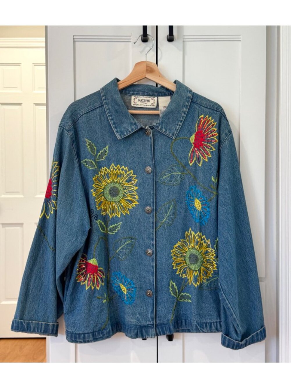 Vintage Denim Embroidered Sunflower Jacket Shirt Colorful Lady Bug Size Large